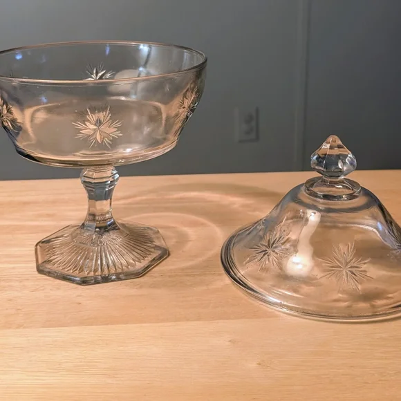 Clear Glass Compote with Starburst Etching - Elegant Home Dining Accent - Picture 2 of 10